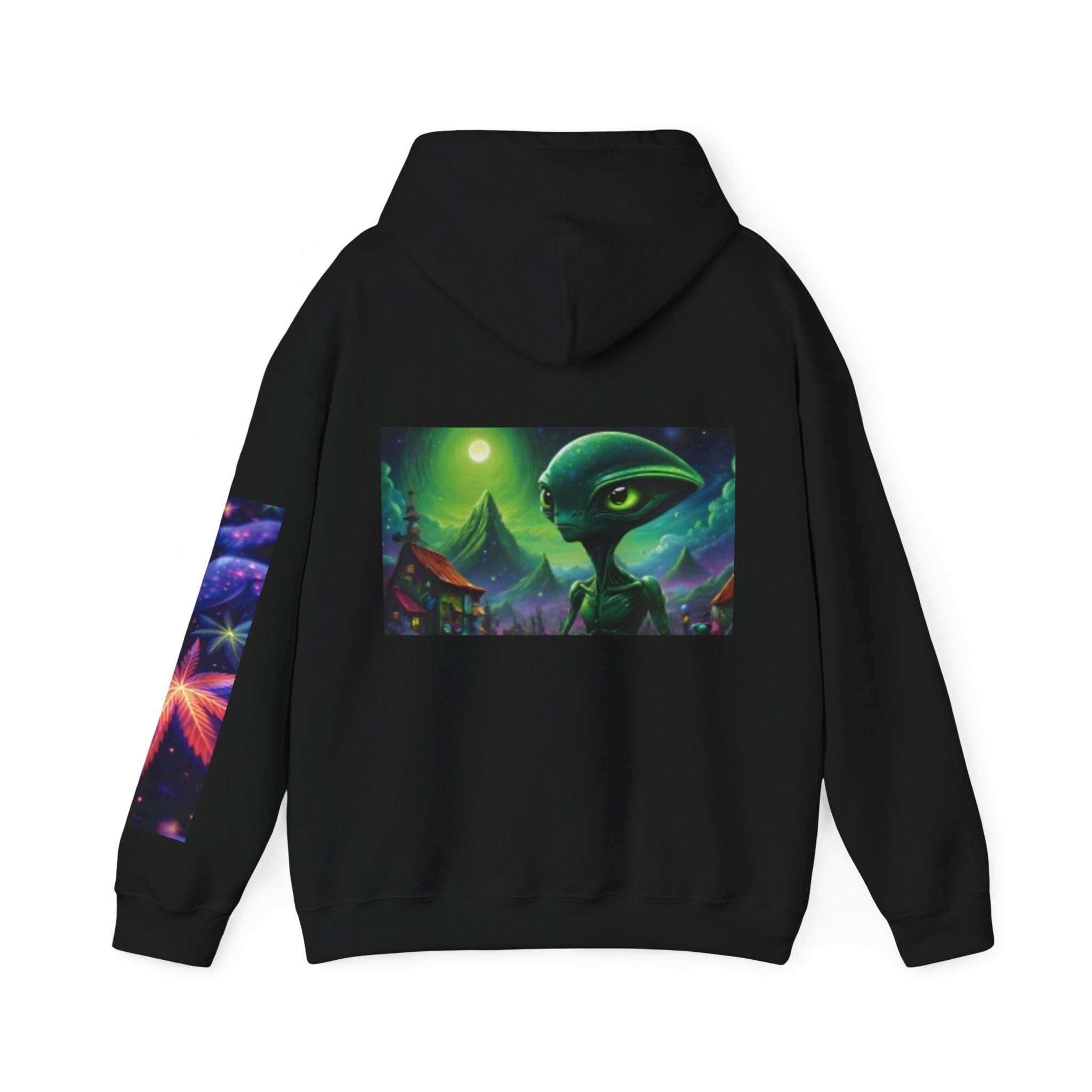 Alien Landscape Hoodie — Cosmic Moonscape & Green Alien Graphic Sweatshirt