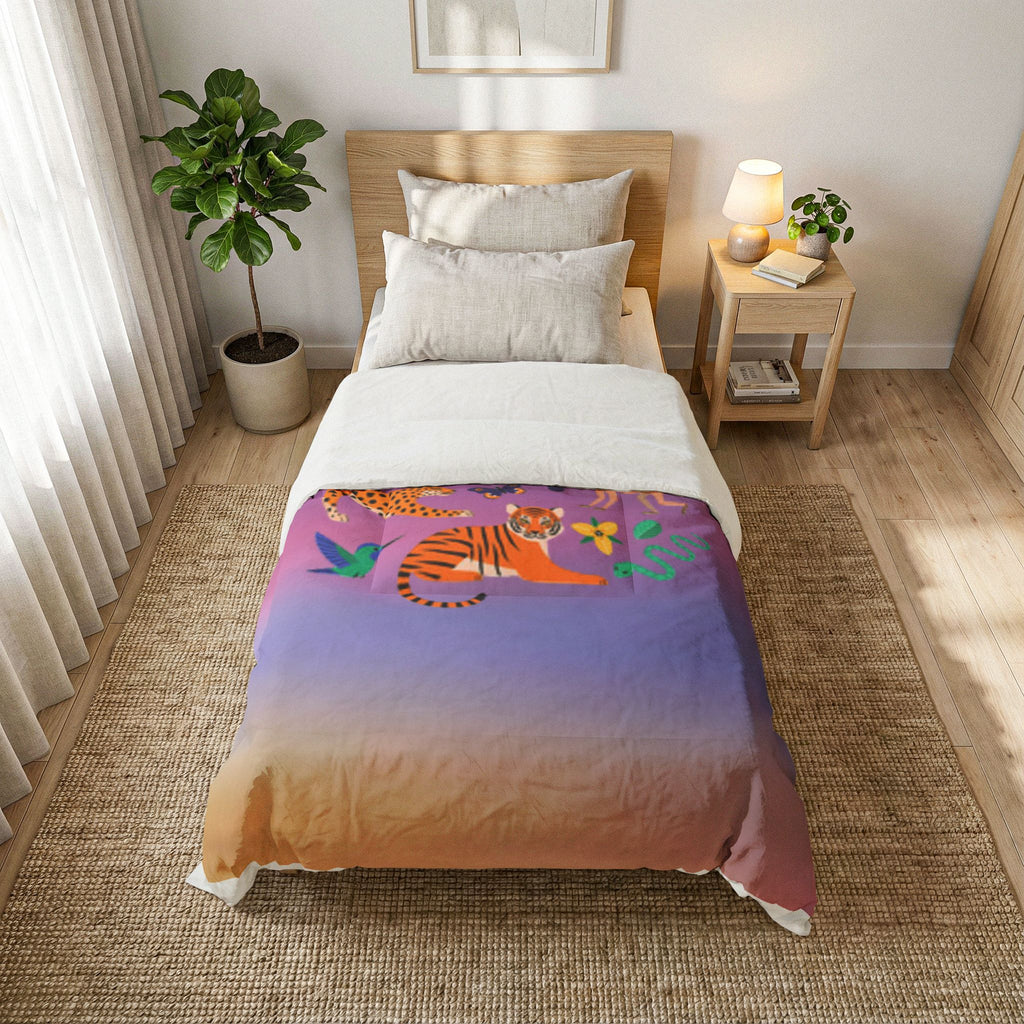 Jungle Animals Cotton Comforter – Colorful Tiger, Toucan & Parrot Print
