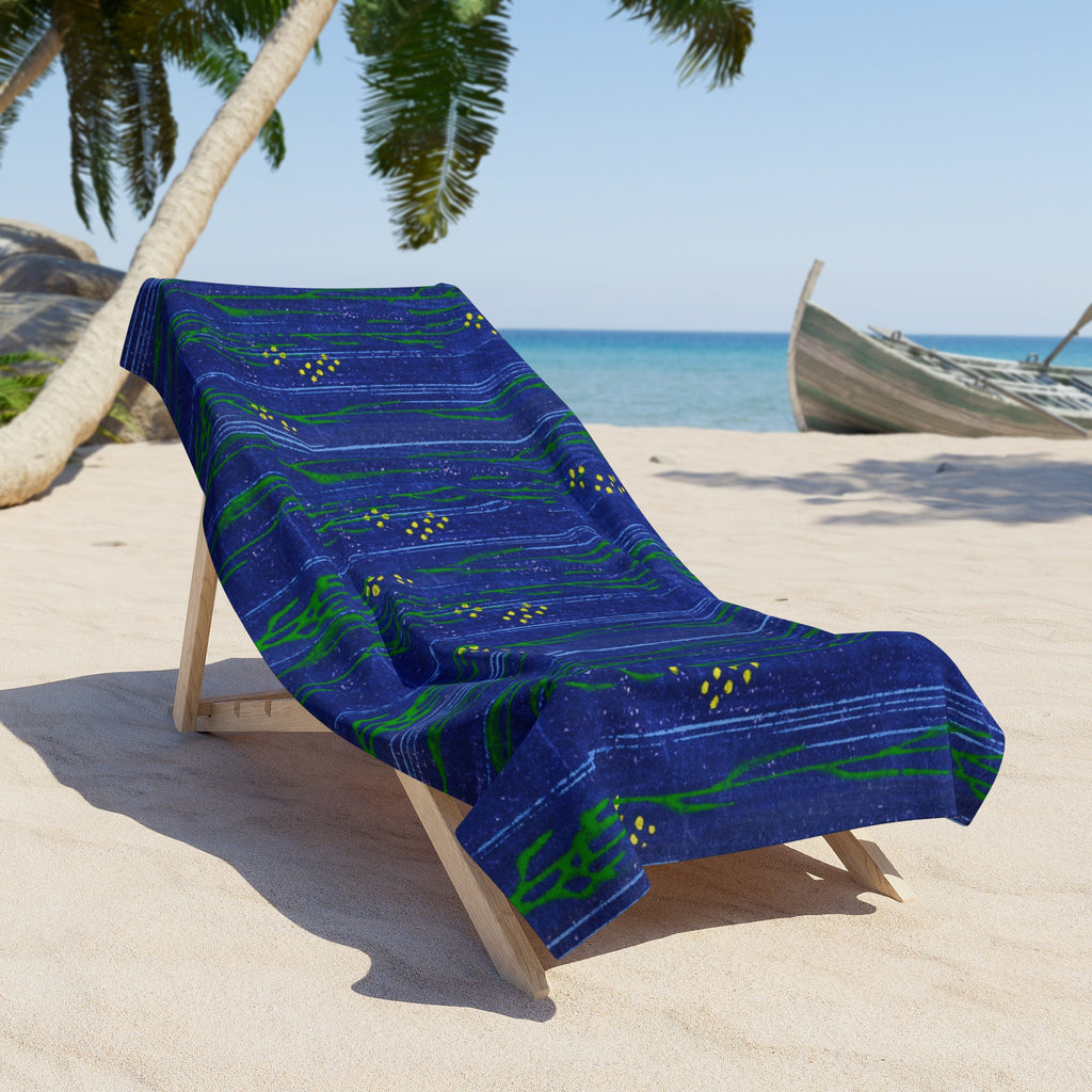 Nautical Blue Seaweed Beach Towel — Coastal Floral Striped Towel