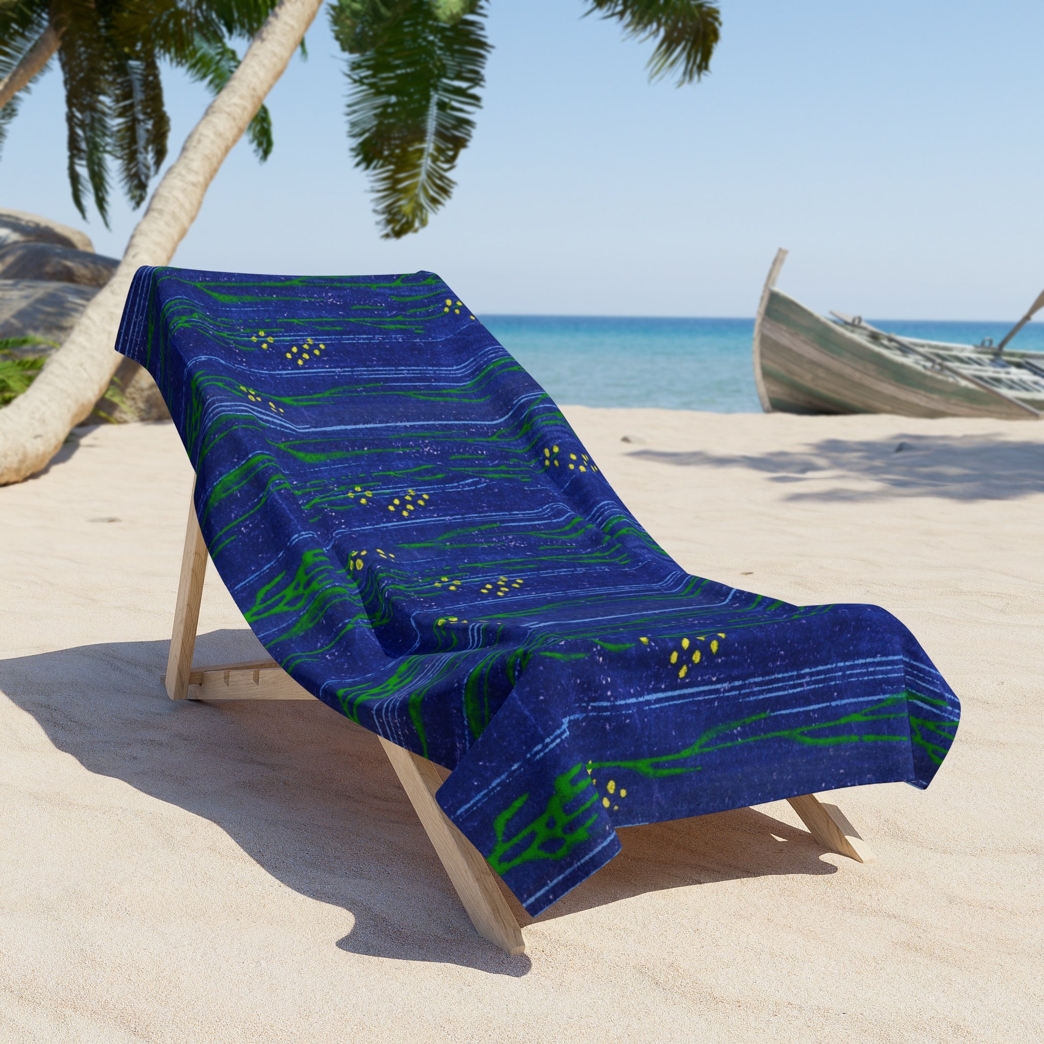 Nautical Blue Seaweed Beach Towel — Coastal Floral Striped Towel