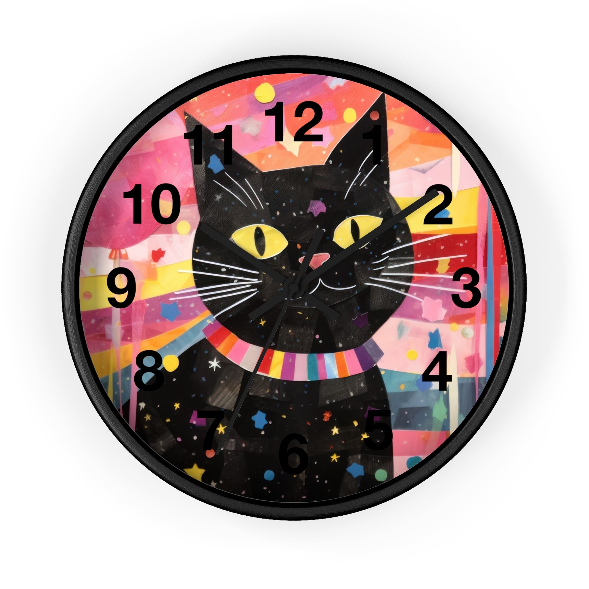 Black Cat Wall Clock — Colorful Retro Cat Clock with Yellow Eyes
