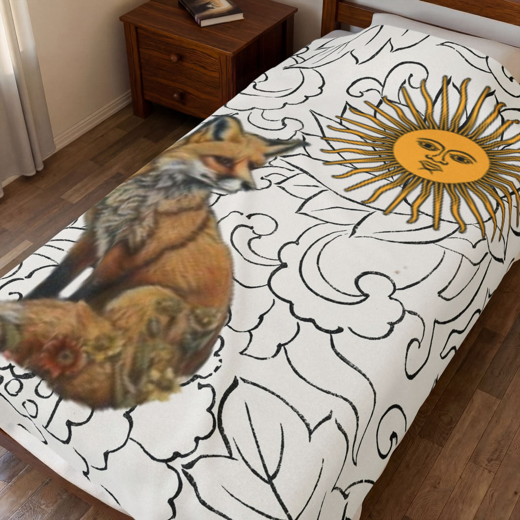 Fox Floral Velveteen Plush Blanket — Cozy Rustic Woodland Throw
