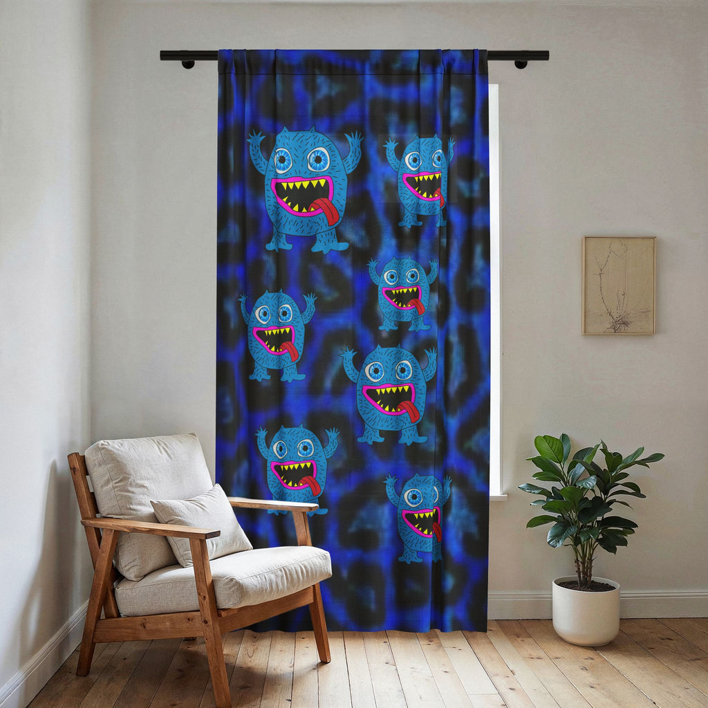 Blue Monster Pattern Sheer Window Curtain — Playful Kids & Game Room Decor