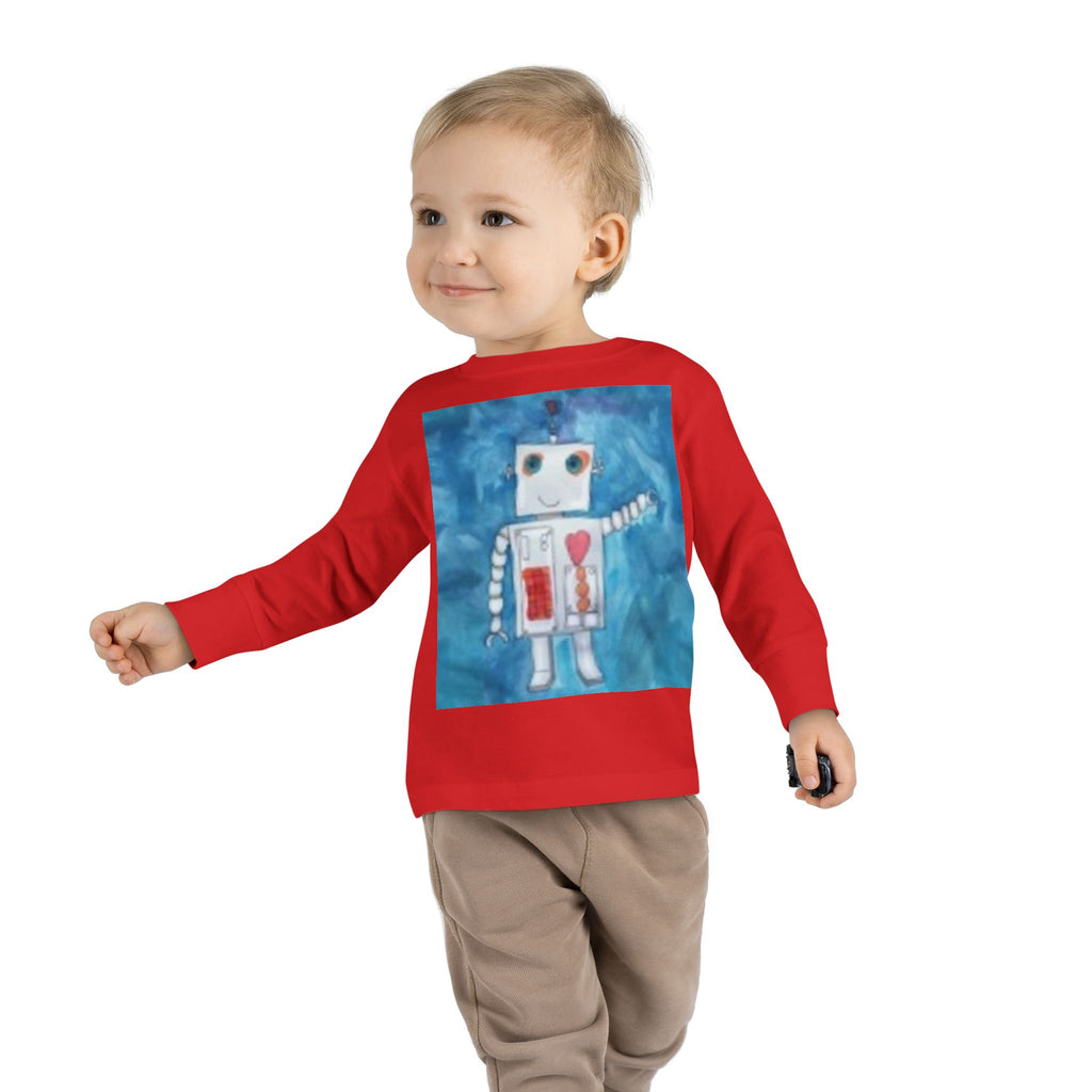 Toddler Long Sleeve Tee — Playful Robot & Colorful Sunrise Graphic Shirt