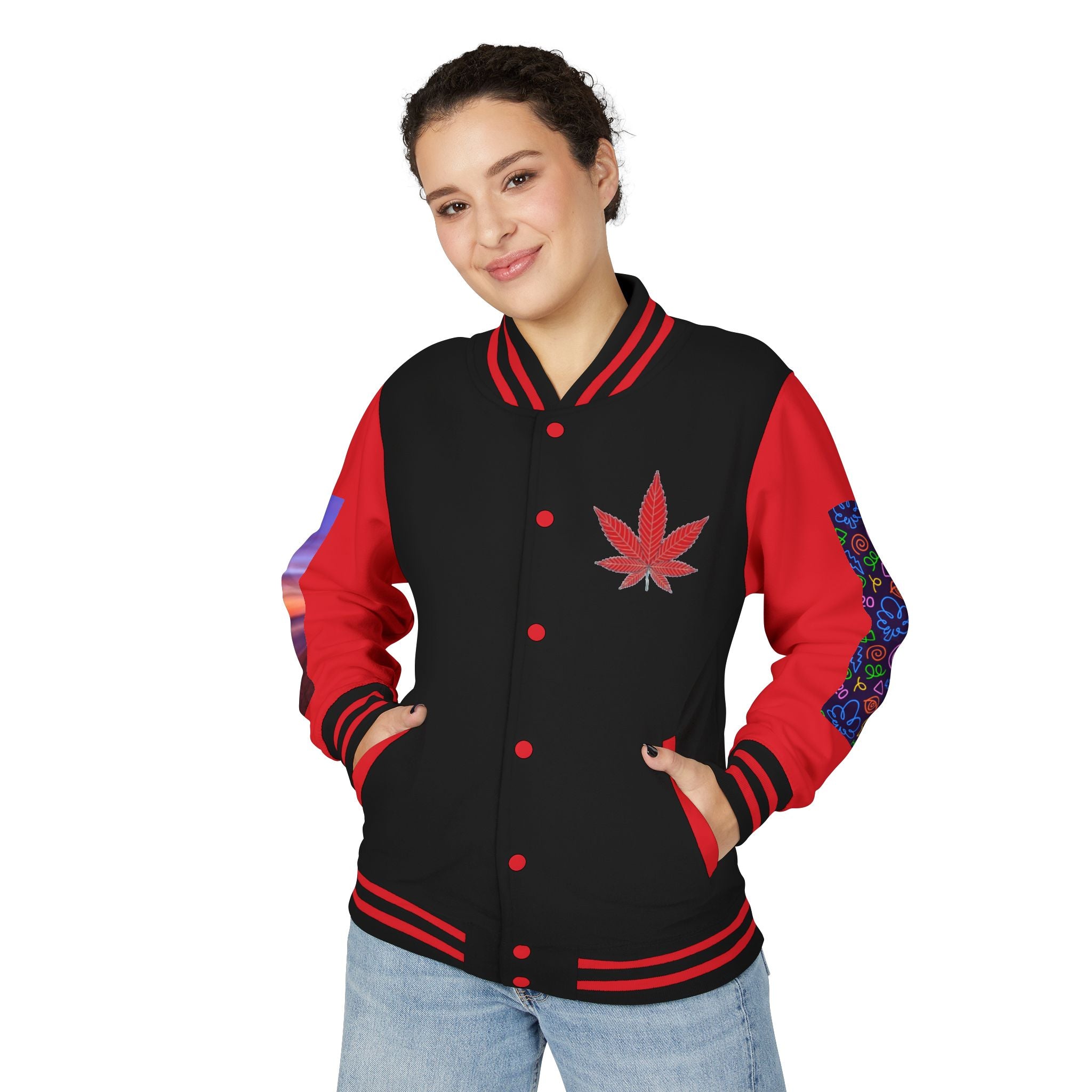 Letterman Jacket — Retro 'All You Need Is Love' Hippie Van & Cannabis Leaf Design