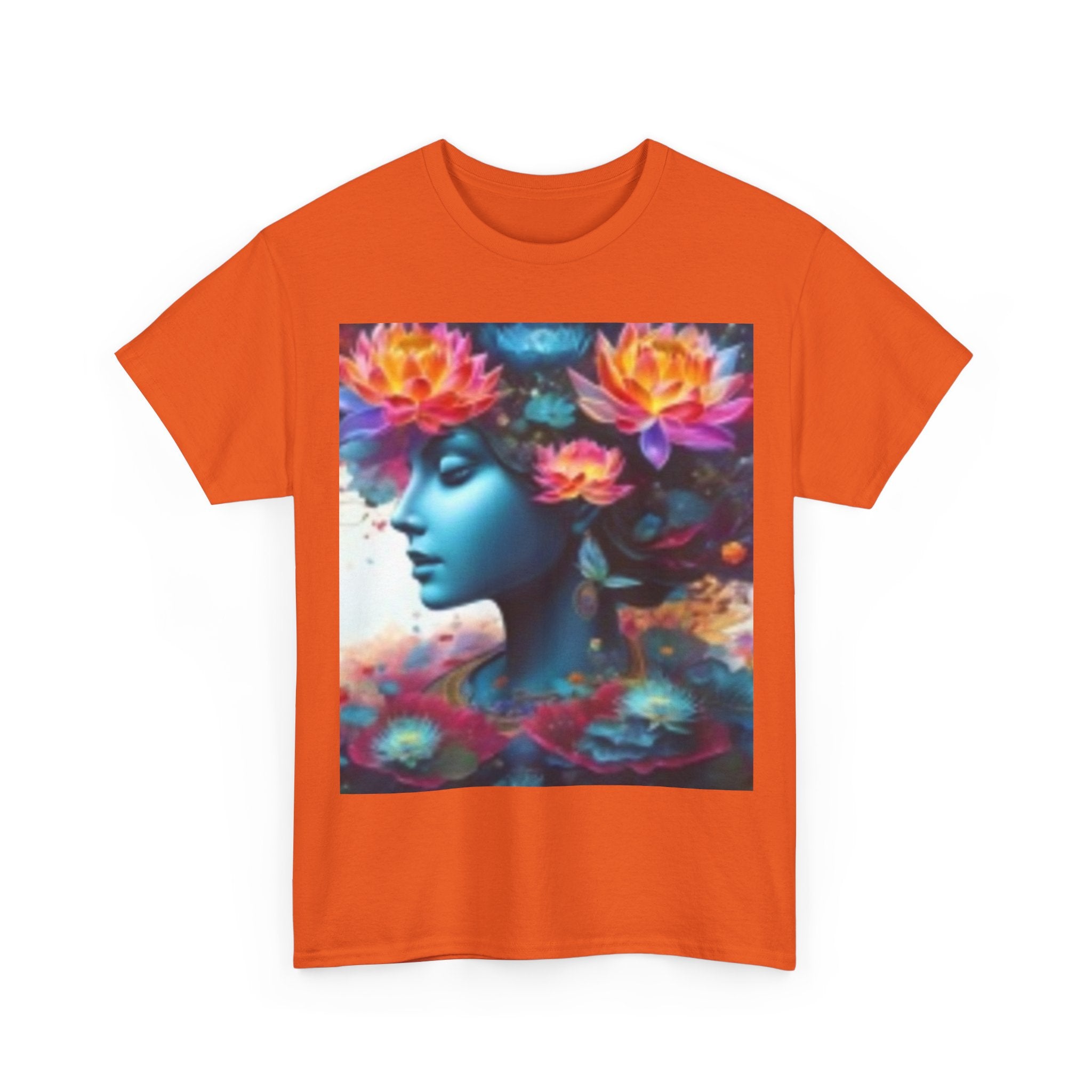 Floral Dreamscape Tee — Surreal Blue Portrait with Vibrant Flowers