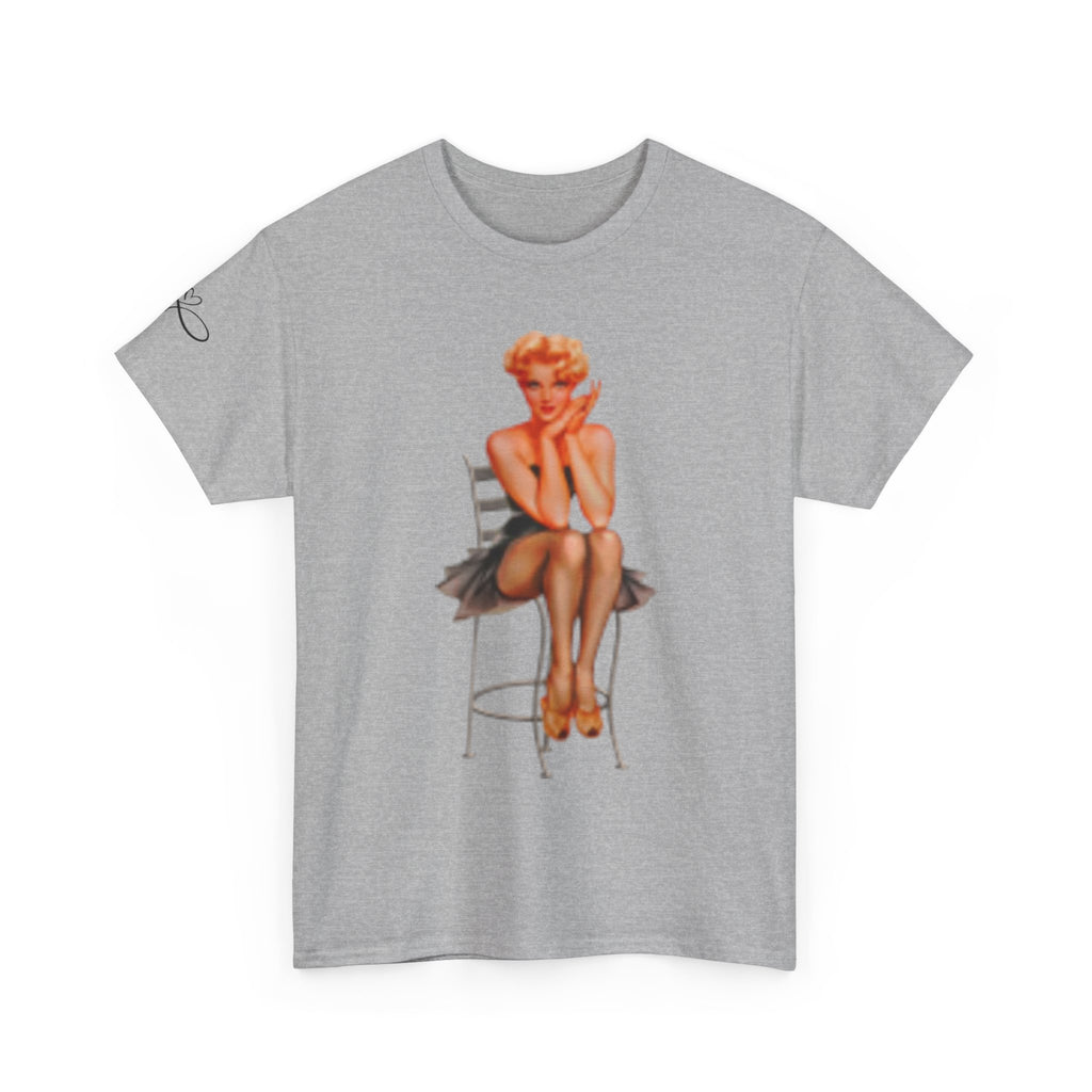 Pinup Sexy Girl Sitting in Chair — Vintage Sitting Pin-Up T-Shirt
