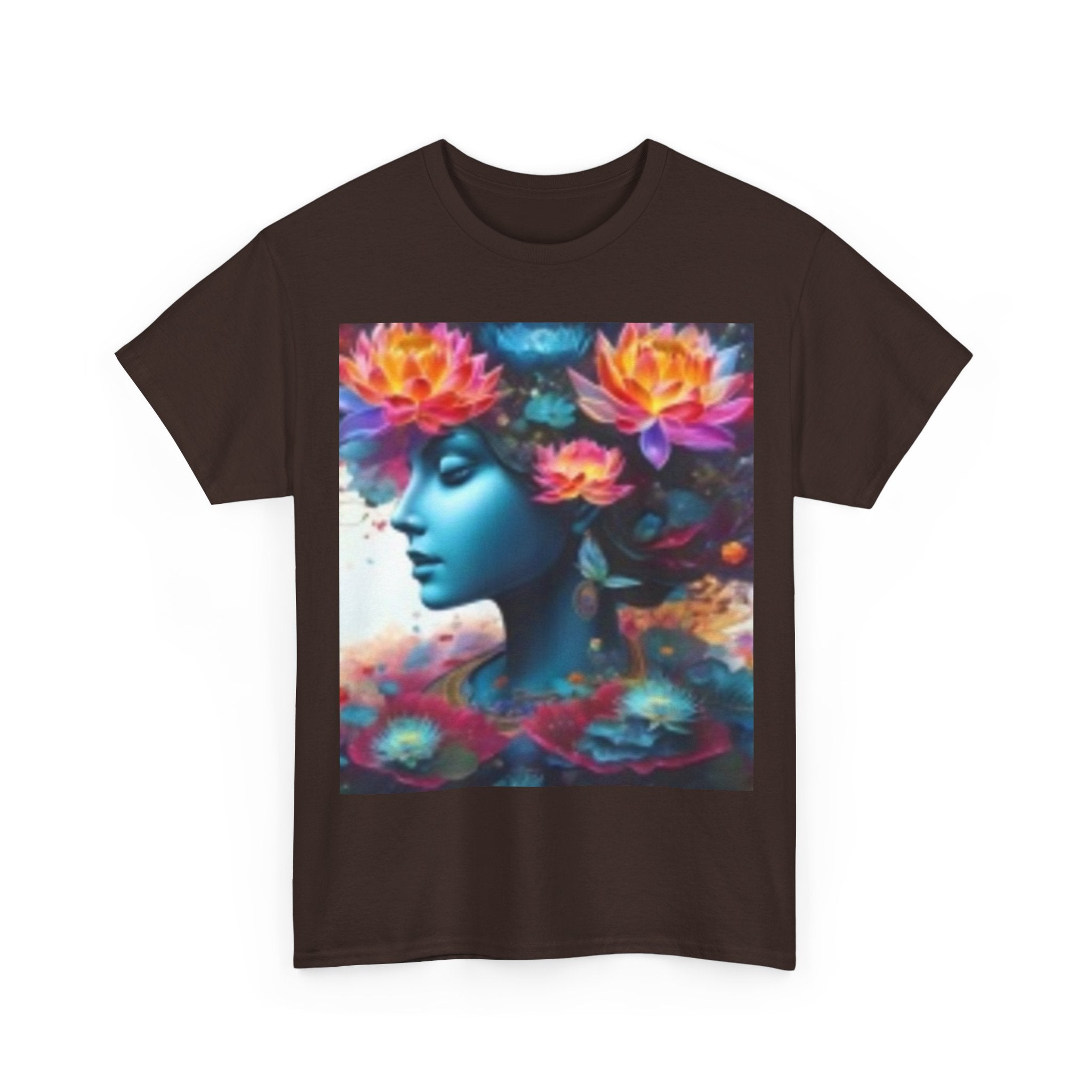 Floral Dreamscape Tee — Surreal Blue Portrait with Vibrant Flowers