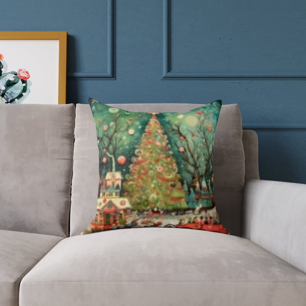 Christmas Tree Village Square Pillow — Festive Holiday Throw with Colorful Stars