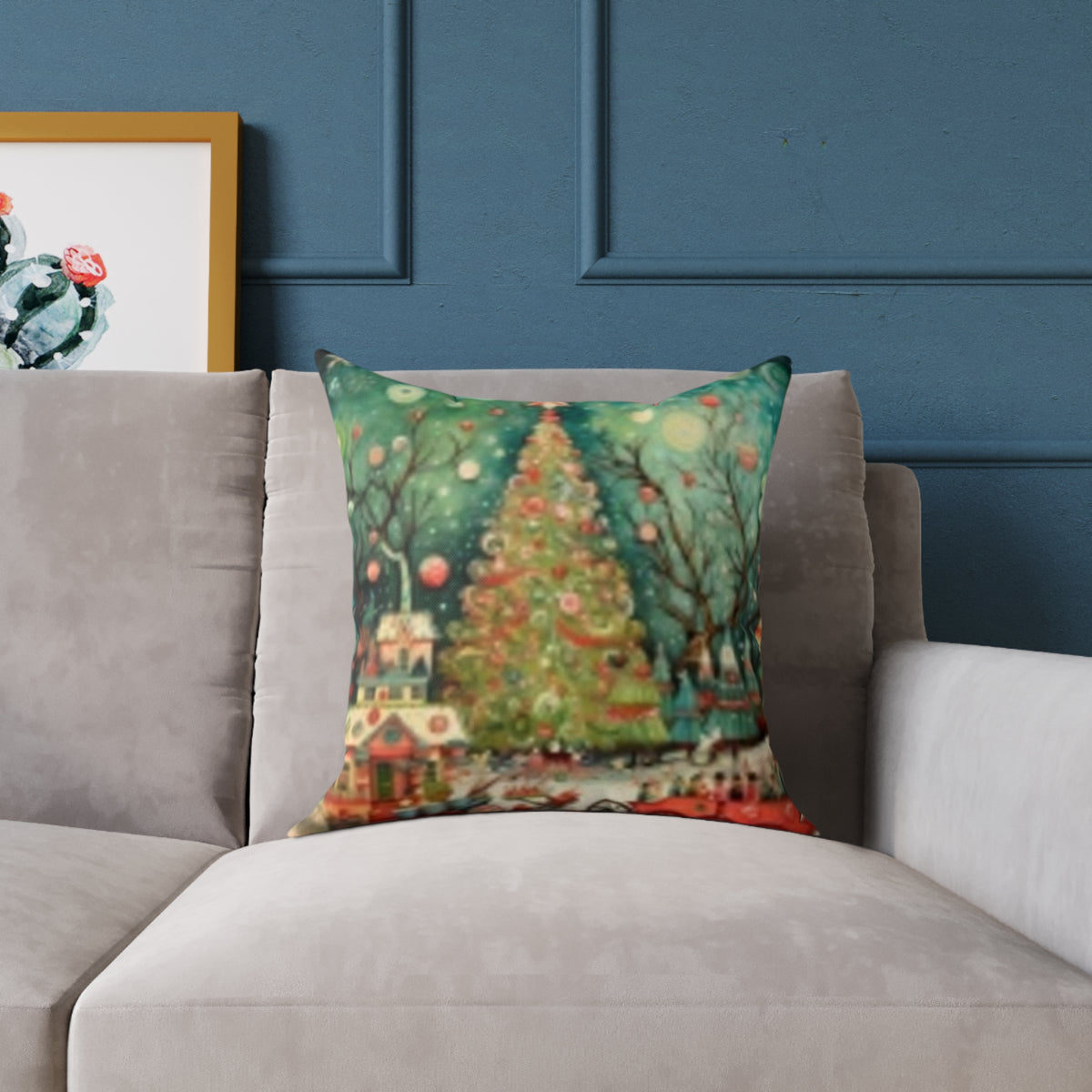 Christmas Tree Village Square Pillow — Festive Holiday Throw with Colorful Stars