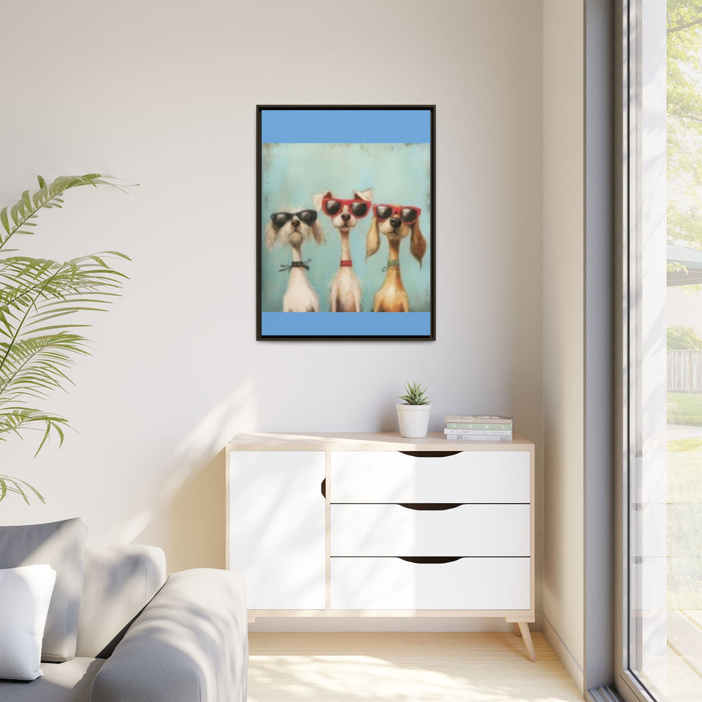 Framed Matte Canvas — Three Cool Dogs in Sunglasses Wall Art
