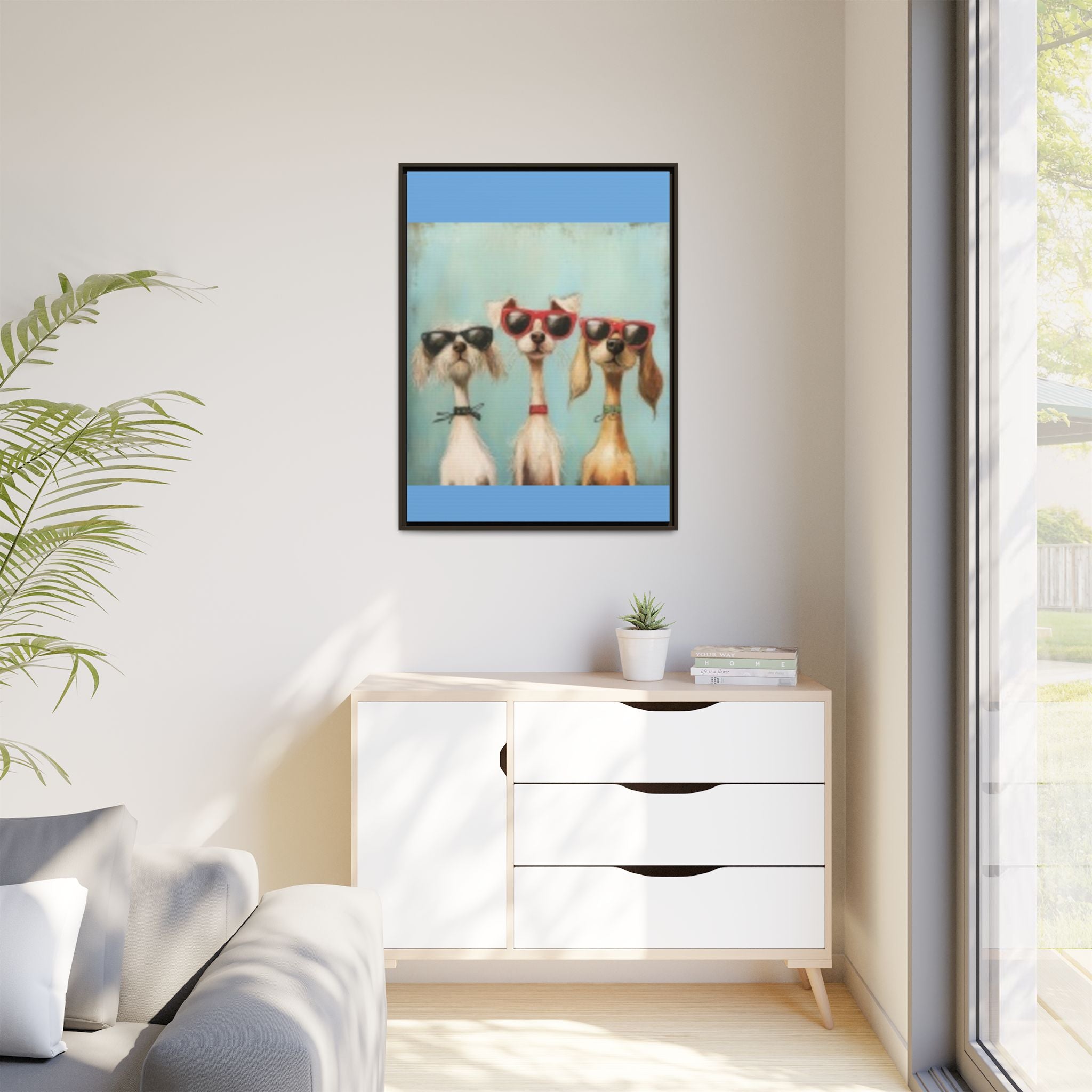 Framed Matte Canvas — Three Cool Dogs in Sunglasses Wall Art