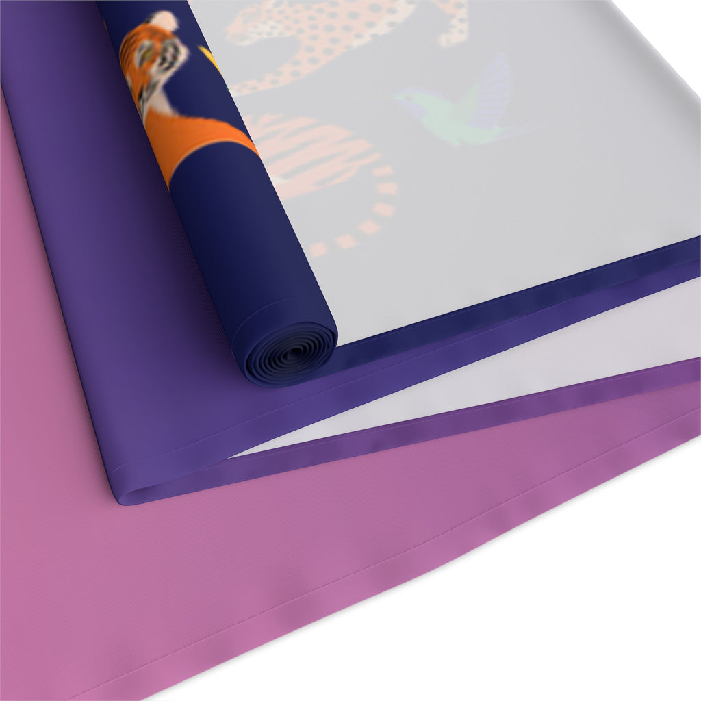Tropical Jungle Table Runner — Gradient Purple with Tigers & Parrots