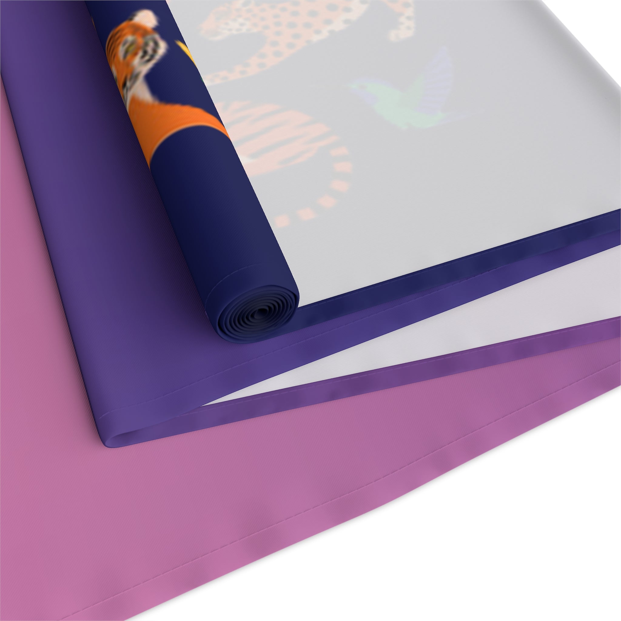 Tropical Jungle Table Runner — Gradient Purple with Tigers & Parrots