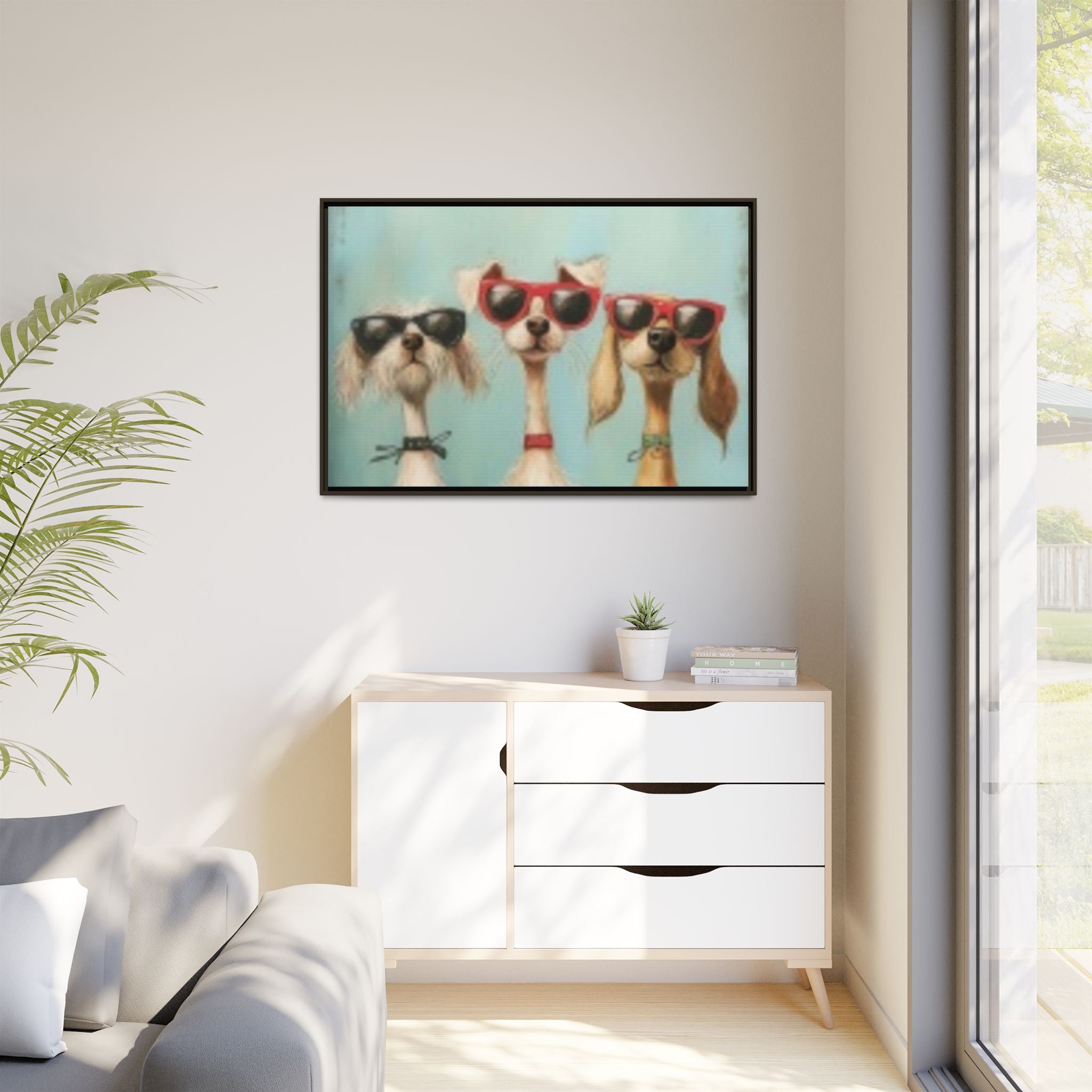Framed Matte Canvas — Three Cool Dogs in Sunglasses Wall Art