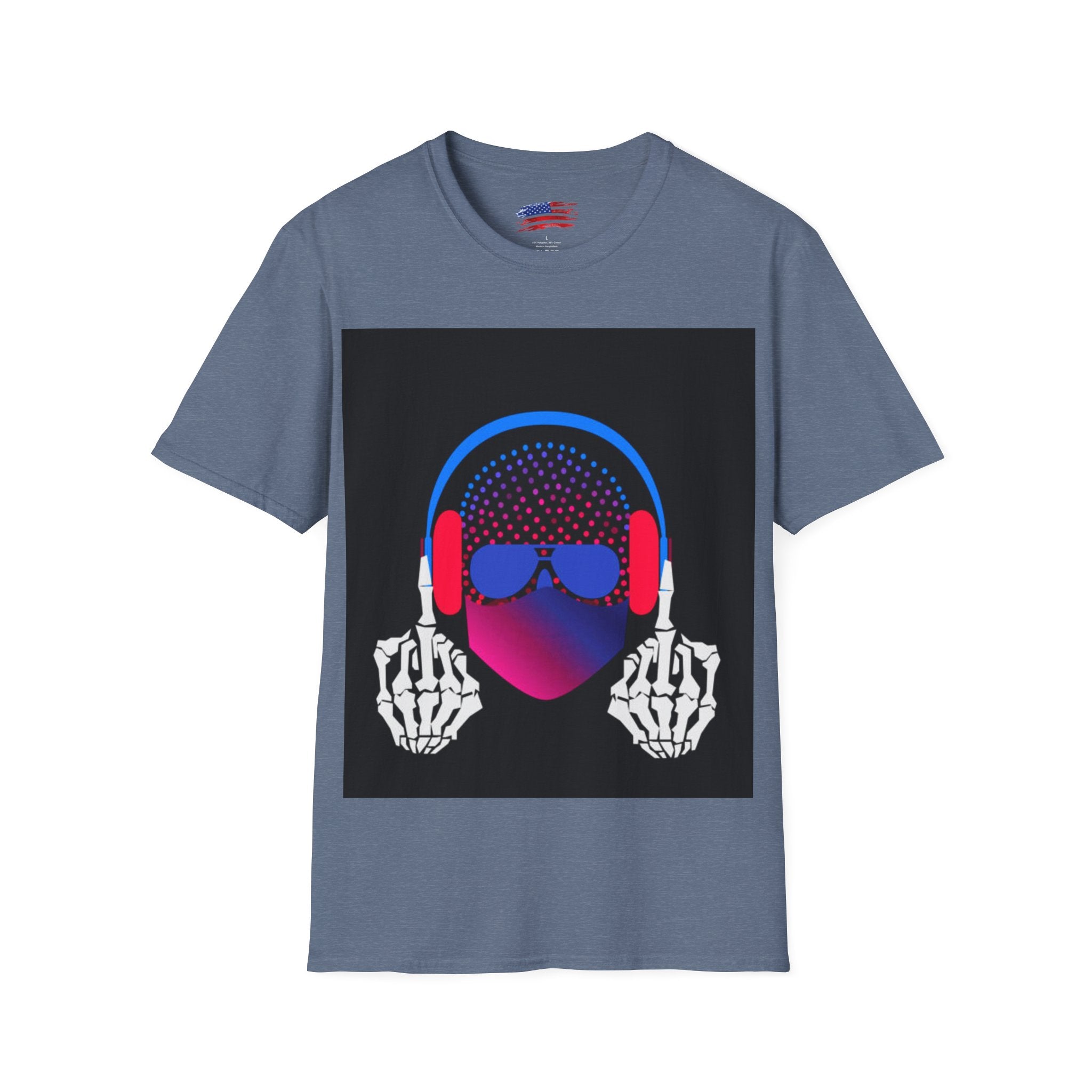 Unisex Softstyle T-Shirt Man wearing earphones skeleton shooting the bird