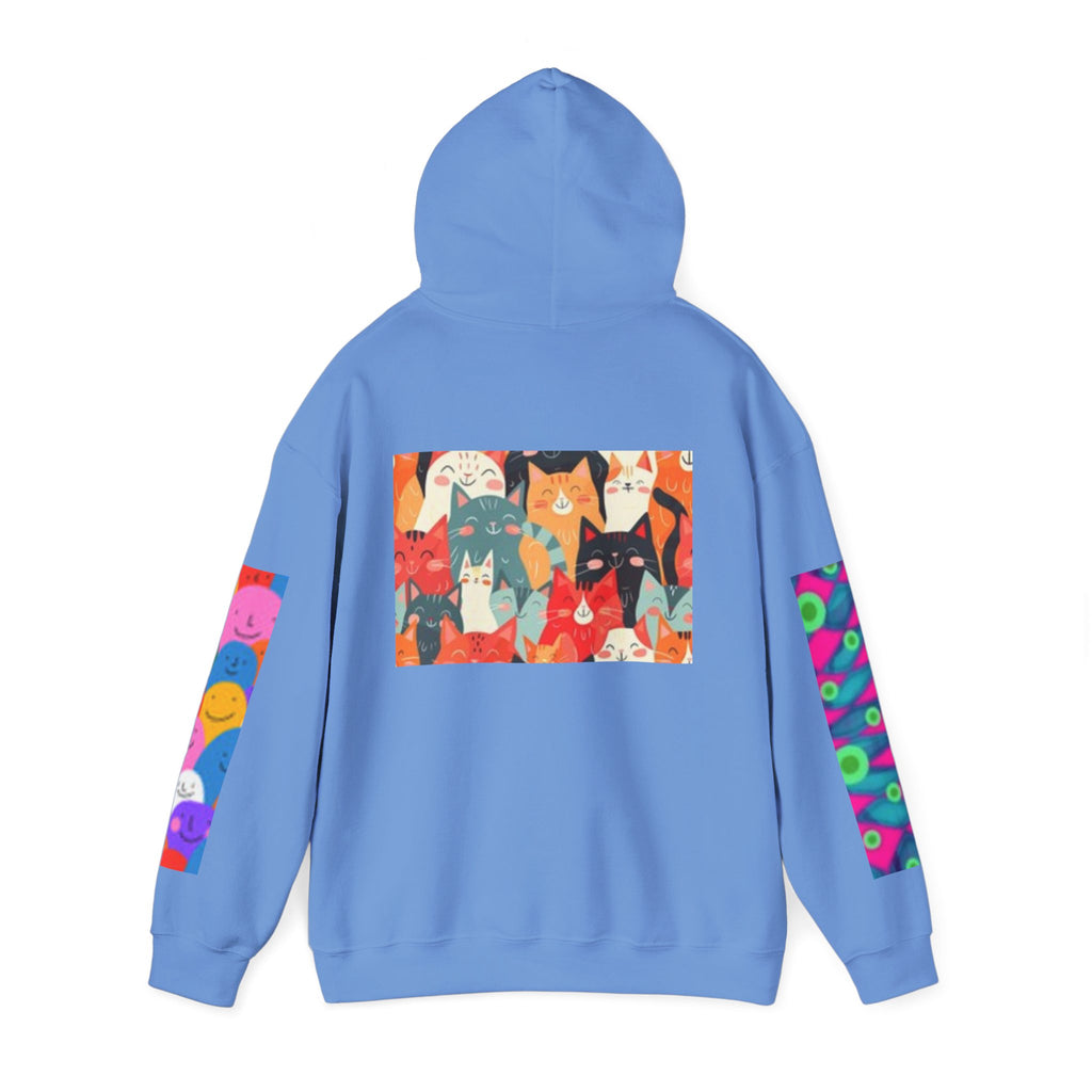 Cat Graphic Hoodie - Retro Sunglasses Cat Front & Colorful Cat Pattern Back Sweatshirt