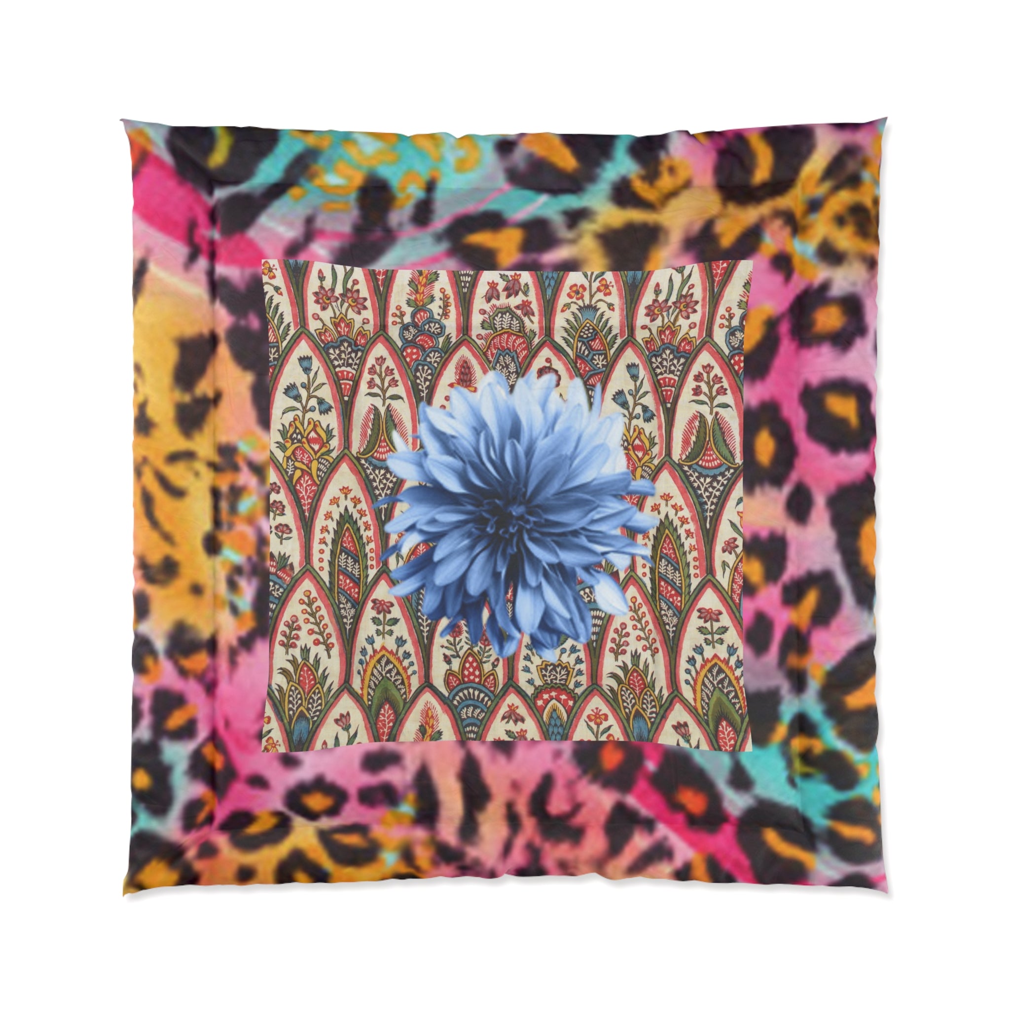 Boho Leopard Floral Comforter — Vibrant Blue Bloom Patterned Bedding