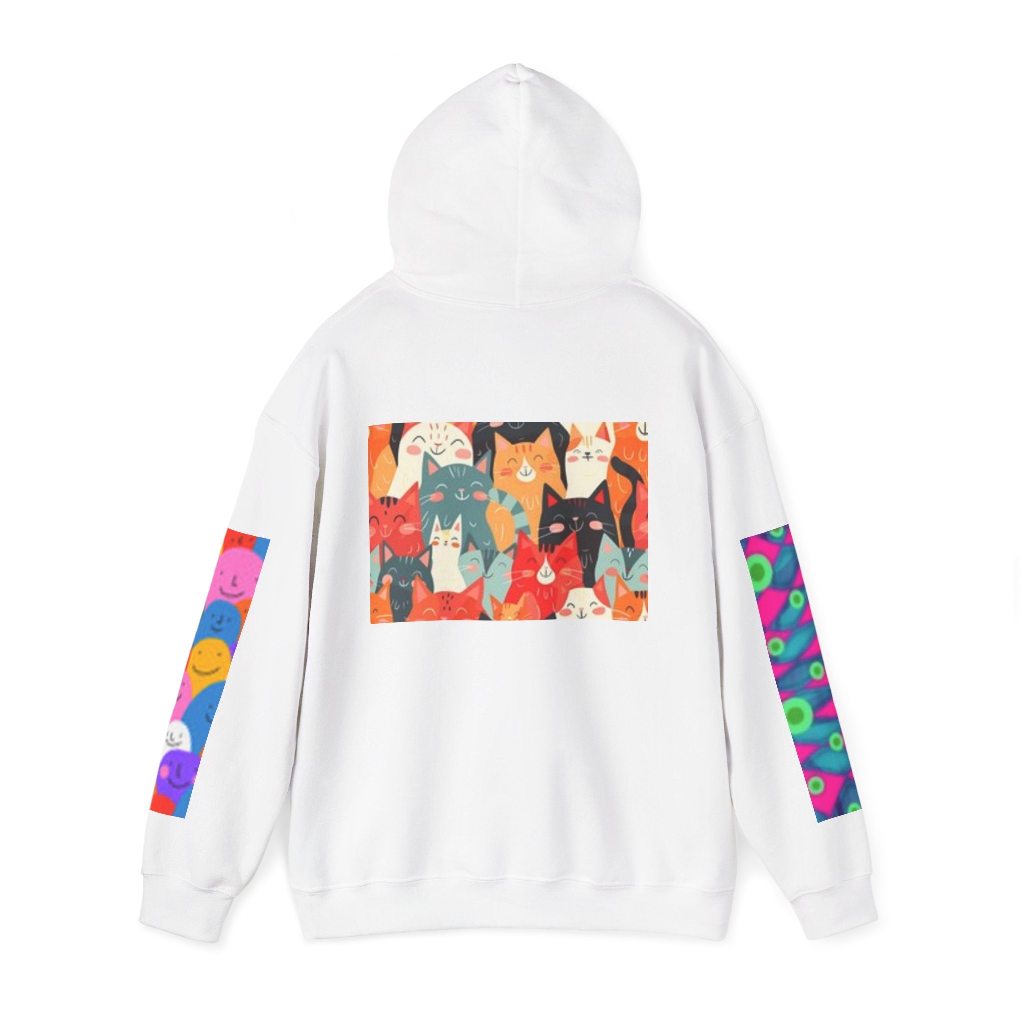 Cat Graphic Hoodie - Retro Sunglasses Cat Front & Colorful Cat Pattern Back Sweatshirt