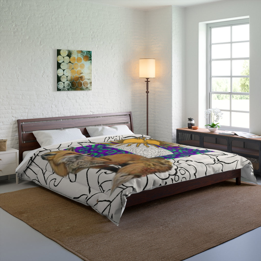 Red Fox Sun with Face Vibrant Purple & Teal Leopard Comforter -  Bedding