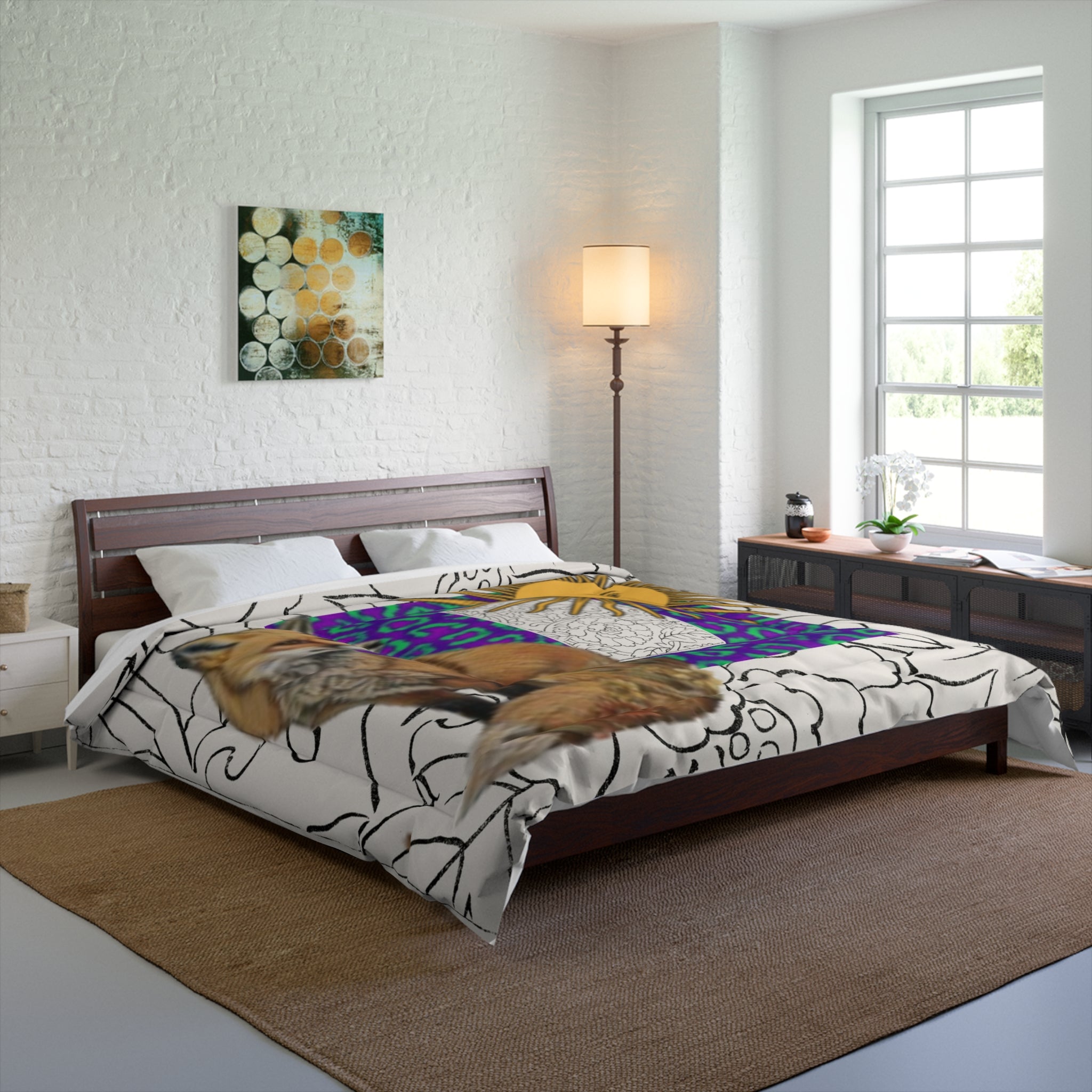 Red Fox Sun with Face Vibrant Purple & Teal Leopard Comforter -  Bedding
