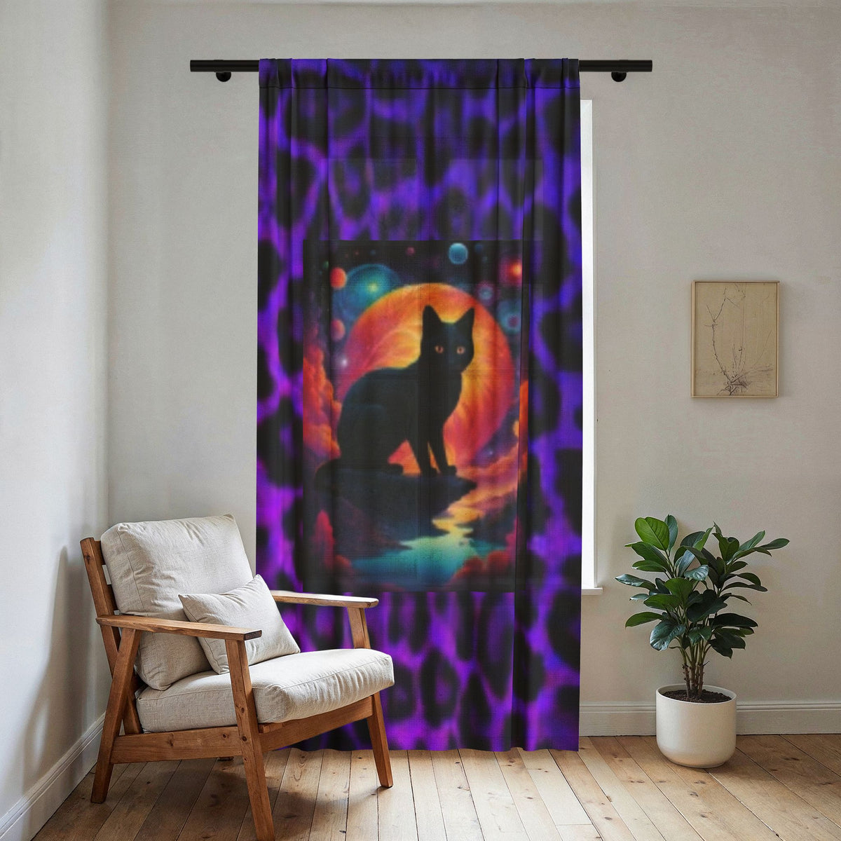 Sheer Curtain — Black Cat Moonlight Design on Purple Leopard Print