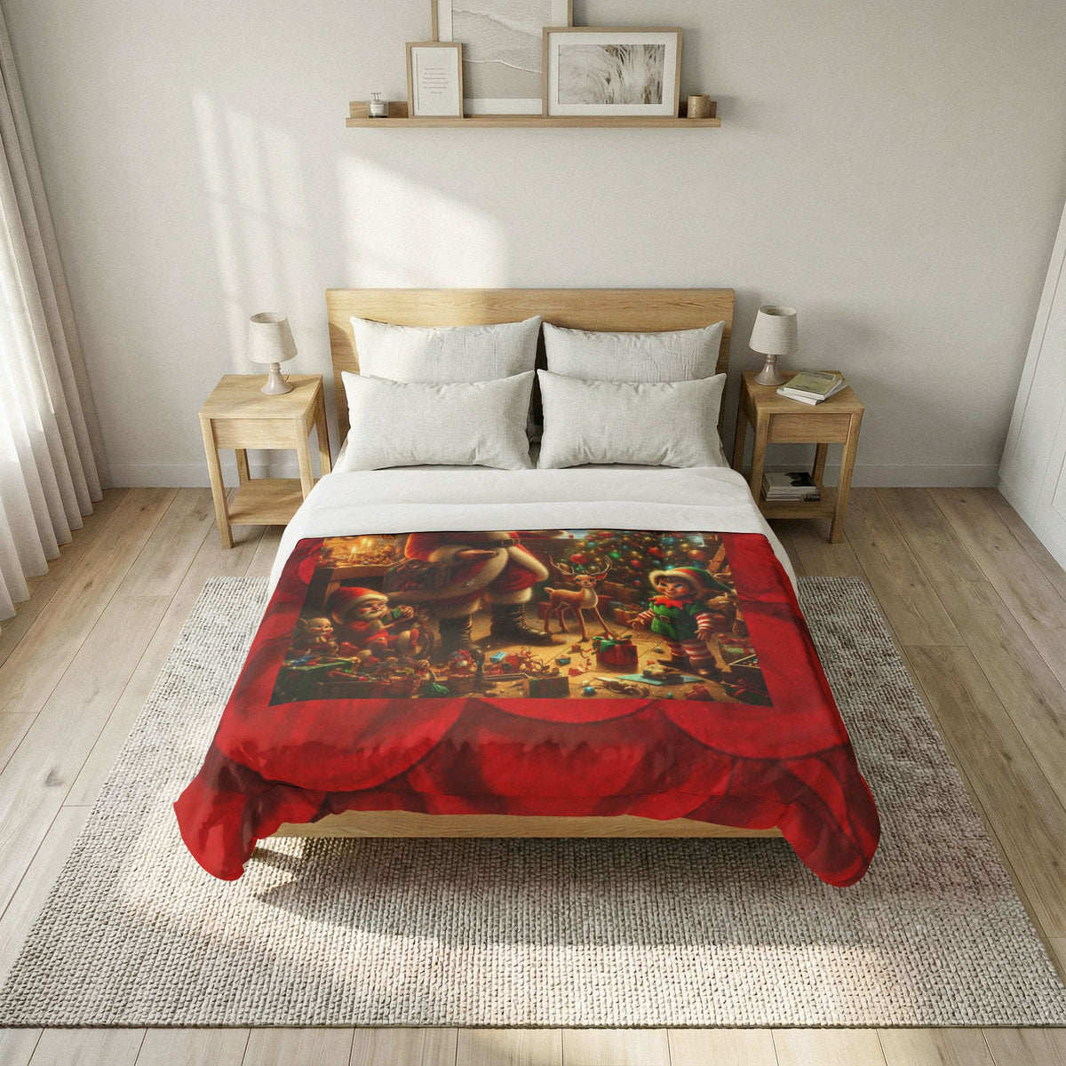 Christmas Santa Scene Comforter — Festive Holiday Cotton Throw for Kids & Family