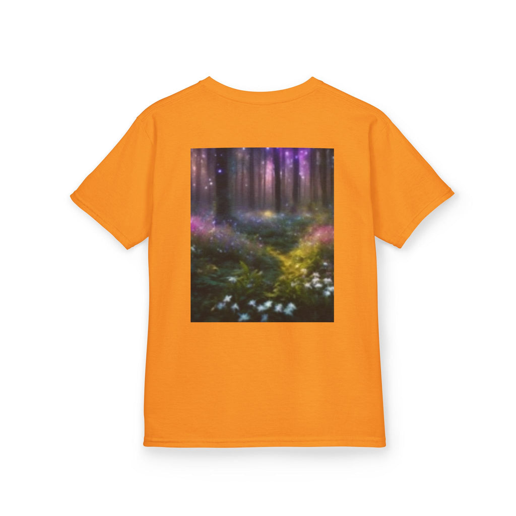 Kids T-shirt— Cute Frankenstein Face Front & Enchanted Forest Back